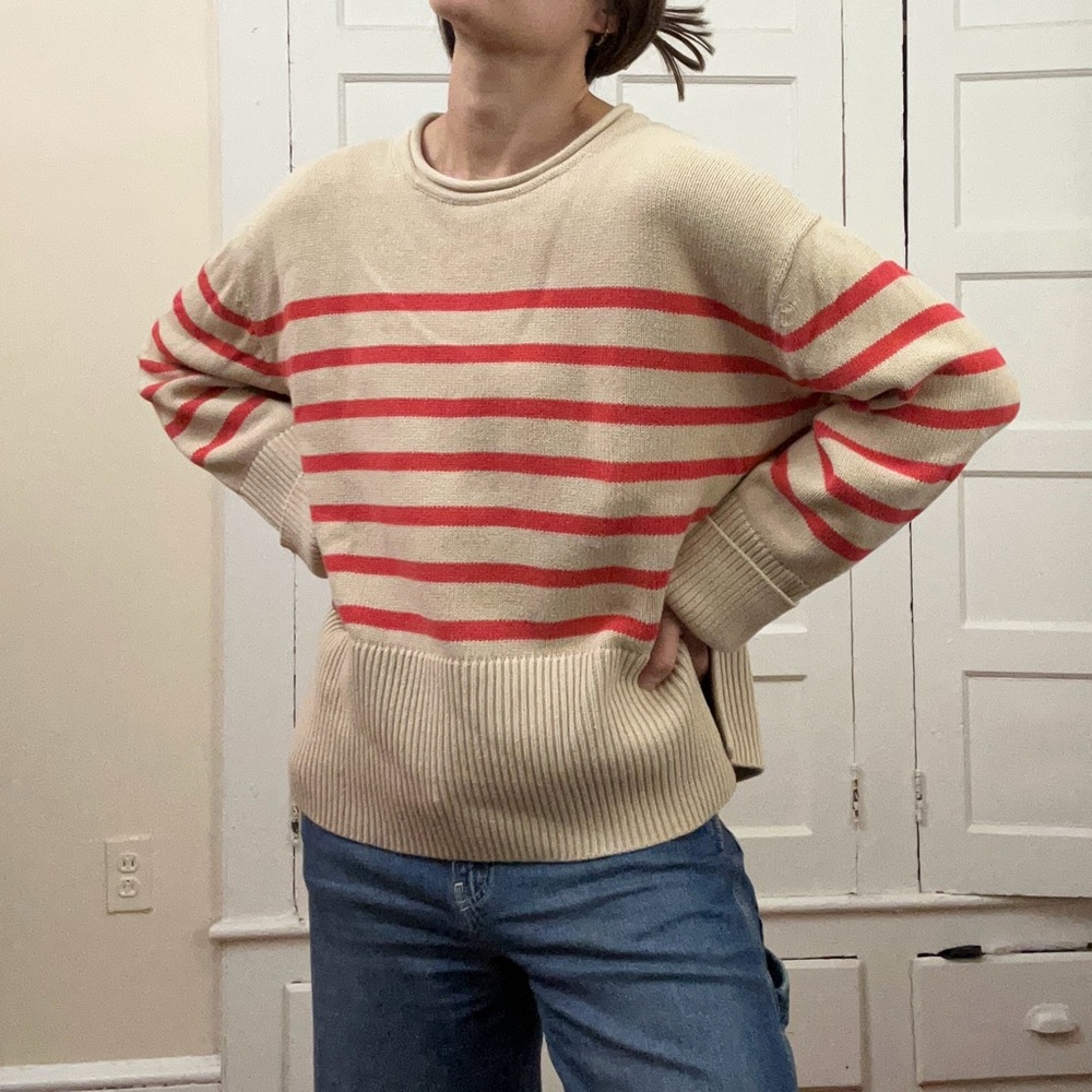 Gap 24/7 Split-Hem Roll Neck Sweater - Coral Pink Stripe